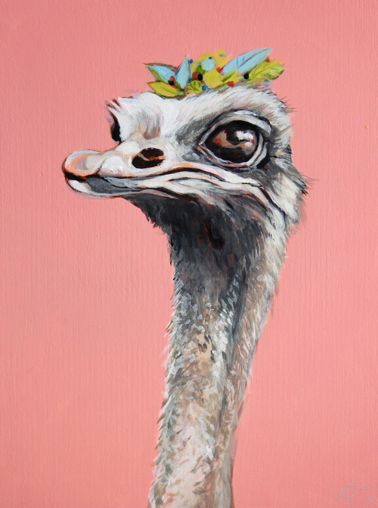 Ostrich on pink background with floral wreath. North Park Art Studio, Victoria