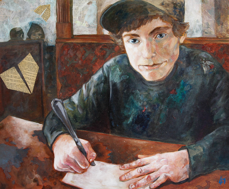 boy in restaurant draws on a napkin with a dinner knife. paper airplanes and textural painted background with figures. By Laura Bonnie, Vancouver BC