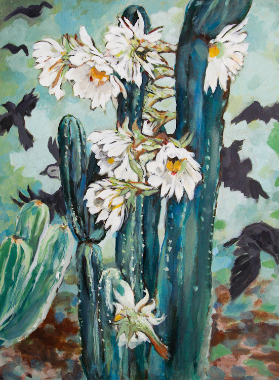 flowering cactus painting, flurry of crows in distance, acrylic artwork, Laura Bonnie