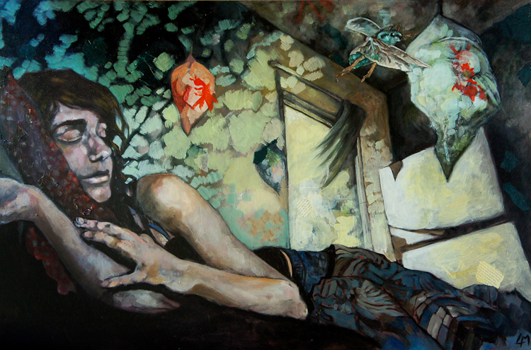cocoon. surrealist collage and mixed media figurative painting by Laura Bonnie McIntosh. North Park