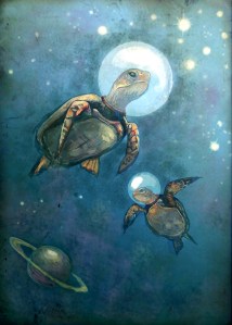 sea turtles with space helmets peacefully drifting through the atmosphere, planets. digital illustration by Laura Bonnie.
