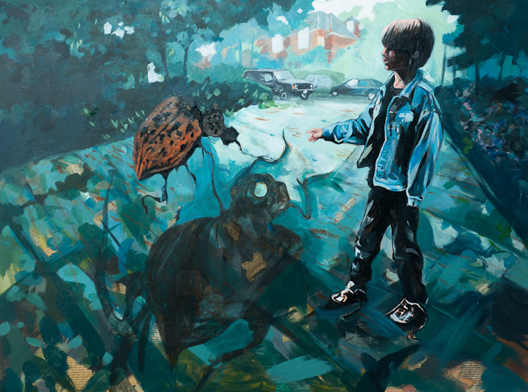 boy summons beetle with magic gesture, shadowy antlers on pavement below, blue driveway scene painting by Laura Bonnie