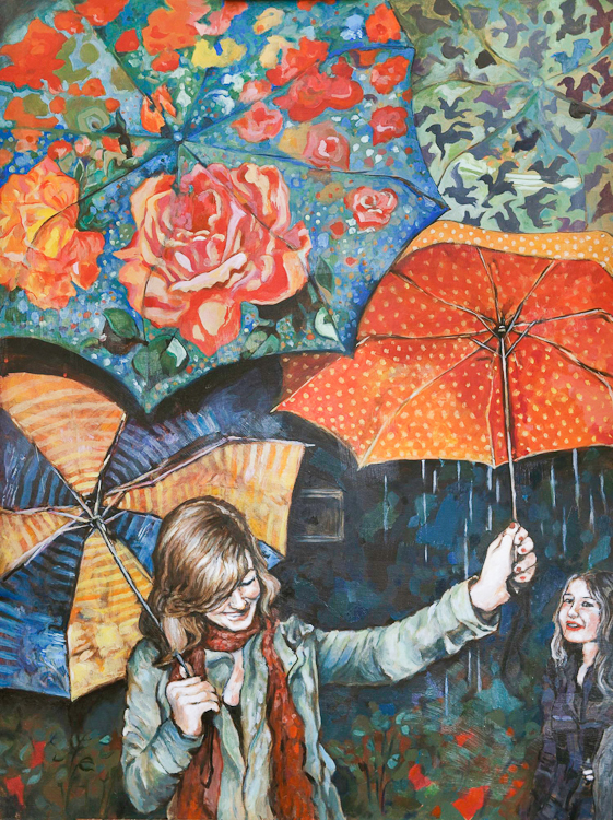 girl holds up colourful patterning of umbrellas against the rain in colourful painting. by Laura Bonnie McIntosh, Commission for Arbutus Coffee Vancouver BC