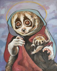 slow loris and child both with haloes painted by Laura Bonnie. Viewable at North Park Art Studio British Columbia