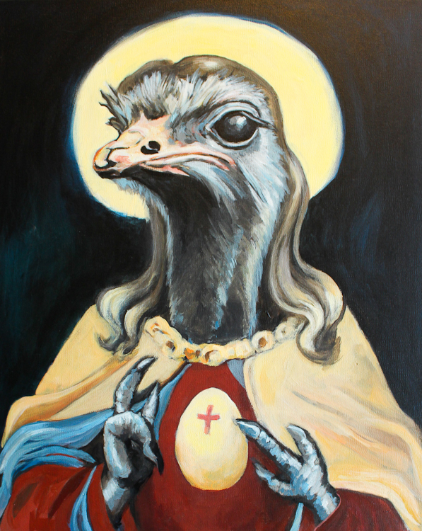 ostrich saint, with halo and hair and claw hands, dark background. acrylic artwork. victoria bc