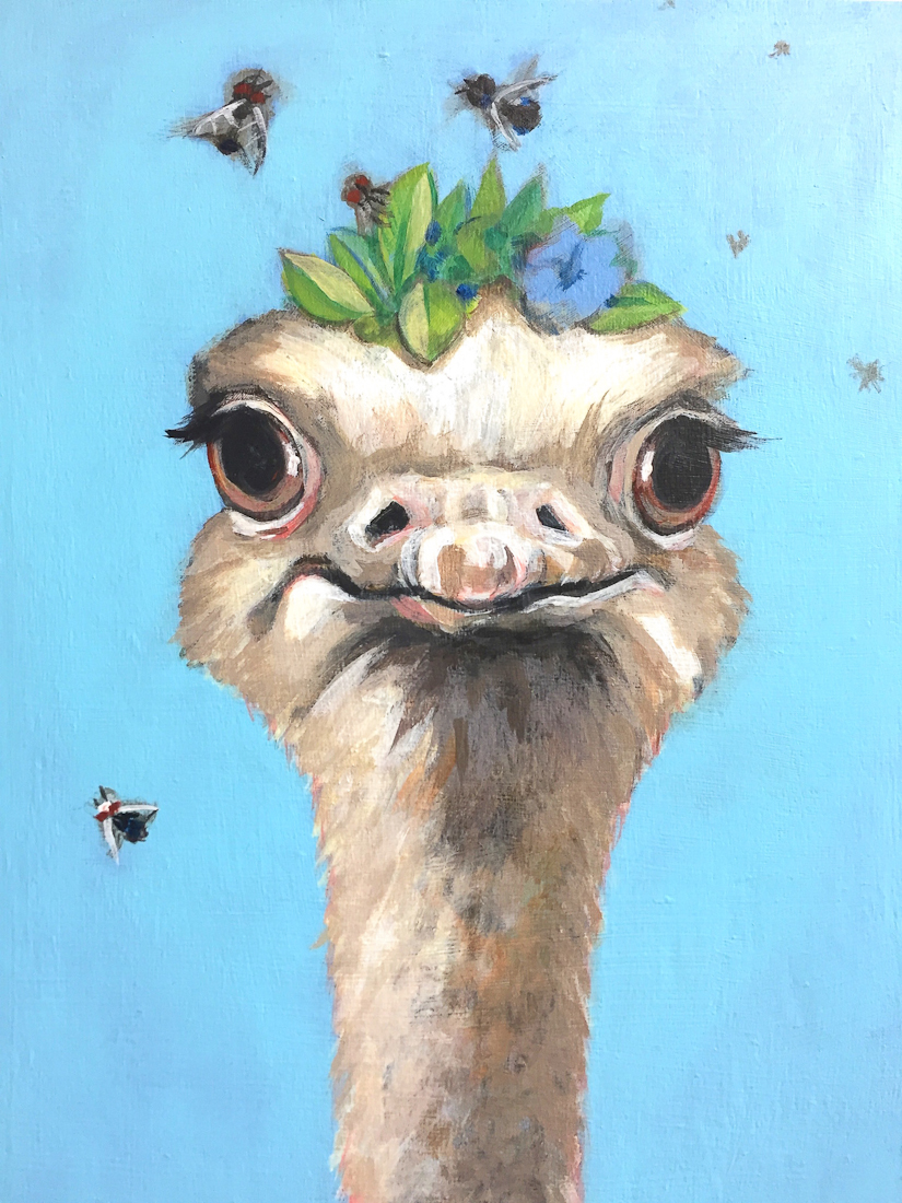 Ostrich portrait in acrylic paint, flies and fancy leafs included