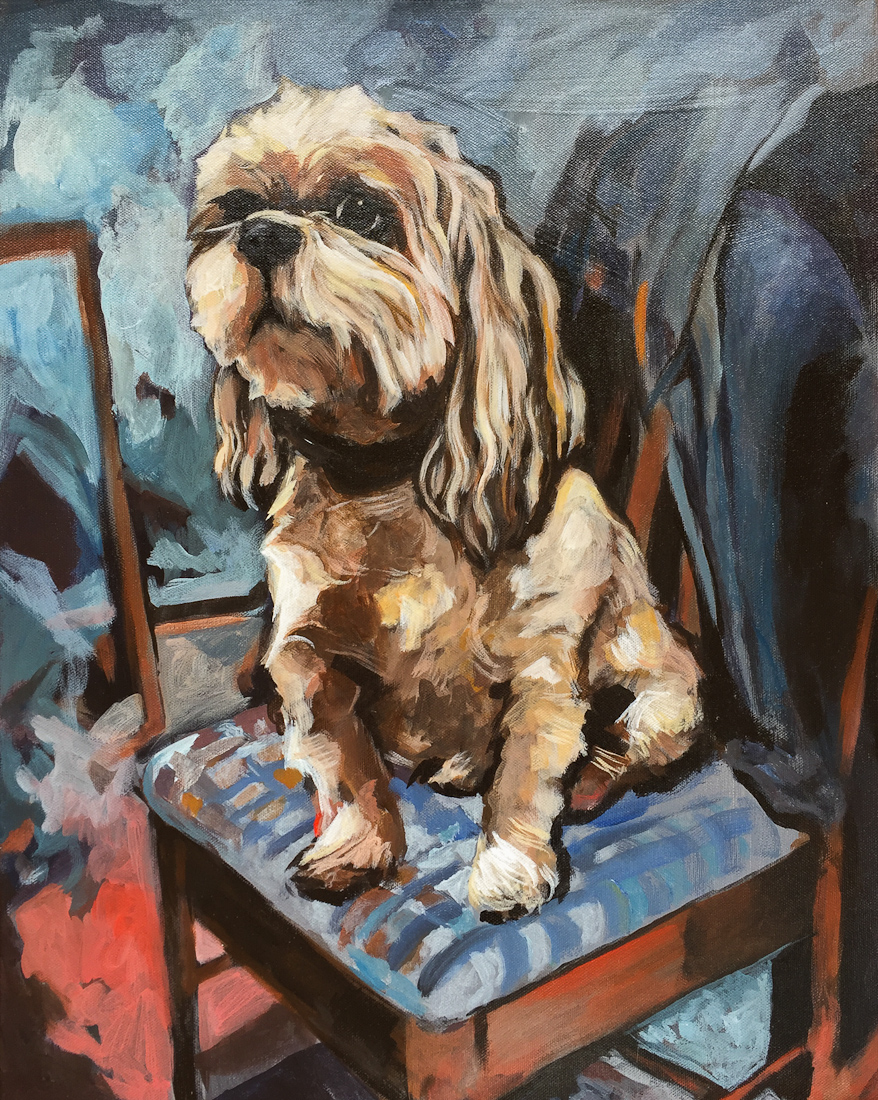 hamish waiting at the table, pet portrait commission