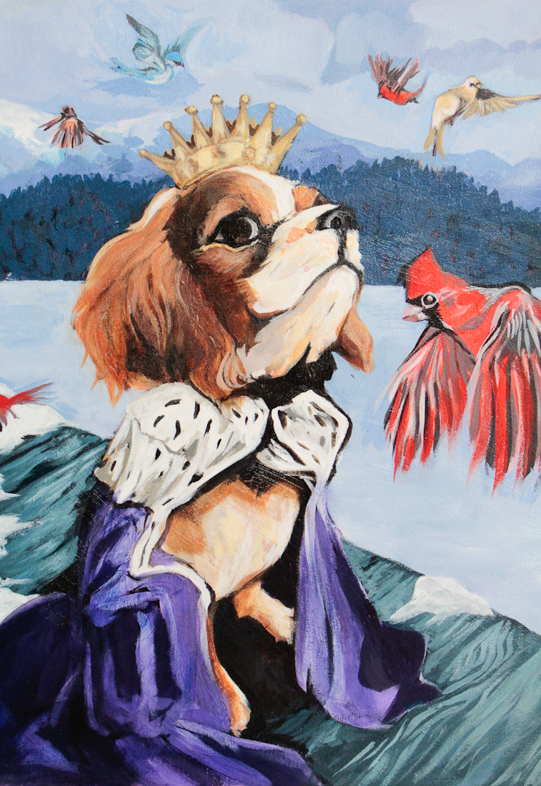 George, royal surreal pet portrait with birds, north park art studio