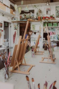 Photo by Teresa Saunders. Prepping some panels at North Park Art Studio. Laura Bonnie Art and Illustration, Victoria BC. Laura Bonnie Art in Victoria BC.